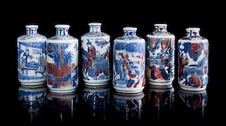 * Six Underglaze Red and Blue Porcelain Snuff Bottles Height of tallest 3 1/8 inches.