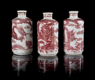 * Three Underglaze Red Porcelain Snuff Bottles Height of tallest 6 1/2 inches.