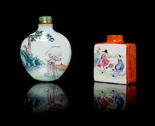 Two Famille Rose Porcelain Snuff Bottles Height of taller 2 1/4 inches.