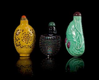Three Snuff Bottles Height of tallest 3 inches.
