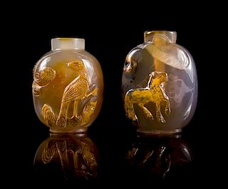 * Two Carved Cameo Agate Snuff Bottles Height of taller 2 1/2 inches.