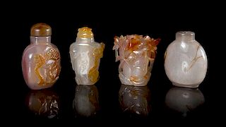 Four Carved Agate Snuff Bottels Height of tallest 3 3/8 inches.