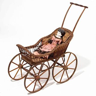 VICTORIAN WICKER DOLL CARRIAGE