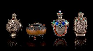 Three Tibetan Hardstone Inset Silver Snuff Bottles Height of tallest 3 1/2 inches.