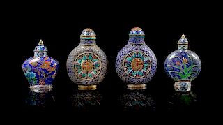 Four Enamel on Silver Snuff Bottles Height of tallest 1 7/8 inches.