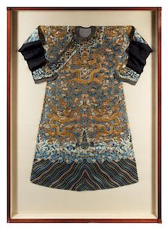 A Chinese Embroidered Silk Brown Ground Dragon Robe, Jifu Approximate height collar to hem 56 inches.