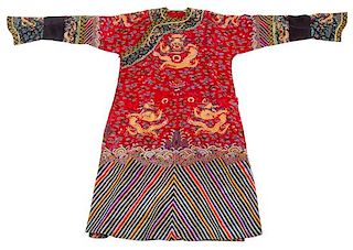 A Chinese Red Ground Summer Gauze Dragon Robe Length (collar to hem) 56 1/2 inches.