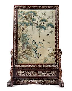 * A Large Chinese Embroidered Silk Inset Mother-of-Pearl Inlaid Hongmu Screen Height of embroidery 29 1/2 x width 20 3/4 inches.