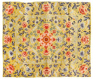 * A Chinese Yellow Ground Embroidered Silk Kang Cover Length 33 3/4 x width 29 1/4 inches.
