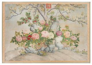 Attributed to Giuseppe Castiglione (Lang Shining), (Italian, 1688-1766), Flowering Branches Issuing from Rockery