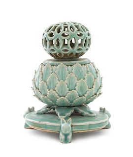 * A Korean Celadon Porcelain Incense Burner Height 7 1/4 inches.
