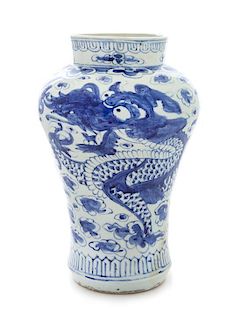 A Korean Blue and White Porcelain Jar Height 12 inches.