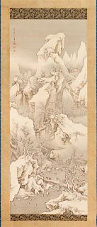 An Ink and Color Painting on Silk, (Japanese, 19th Century), Travelers in the Shu Mountain