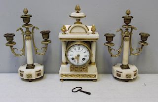 BEDU. Signed Marble and Bronze Clock Garniture Set