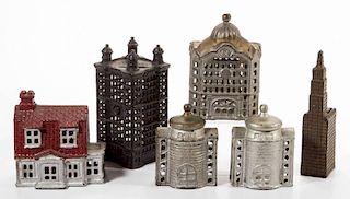 ASSORTED BUILDING CAST-IRON PENNY BANKS, LOT OF SIX