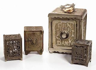 ASSORTED SAFE CAST-IRON PENNY BANKS, LOT OF FOUR