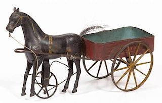 IVES CAST-IRON WALKING HORSE WITH TIN "VICTOR" CART