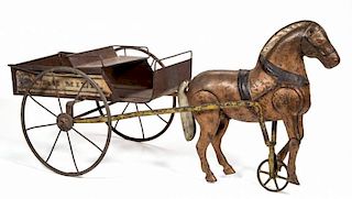 CAST-IRON AND PRESSED STEEL WALKING HORSE WITH "PURE MILK" CART