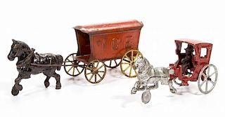 ASSORTED HORSE-DRAWN CAST-IRON AND TIN TOYS, LOT OF TWO
