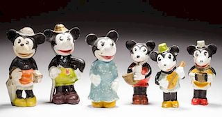 JAPANESE MICKEY AND MINNIE MOUSE BISQUE FIGURES, LOT OF SIX