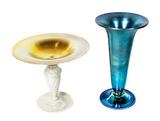 A Steuben Aurene Glass Compote, Height of first 7 1/4 inches.