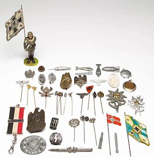 GERMAN MILITARY AND RELATED WORLD WAR TWO / WW2 ERA PINS AND BADGES, AND OTHER ARTICLES, LOT OF 43