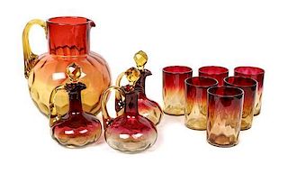 An Amberina Glass Drink Set, Height of tallest 8 inches.