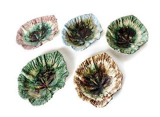 A Group of Continental Majolica Cabbage Form Dishes, Length 7 3/4 inches.