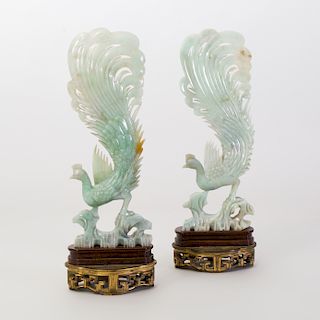 Pair of Chinese Carved Jade Figures of Phoenix