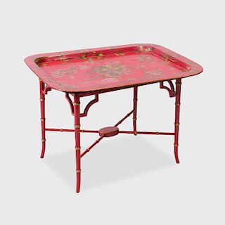 George III Style Red Japanned and Parcel-Gilt Tray on Painted Wood Stand