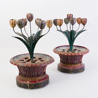 Pair of French Tôle Peinte Tulipiere Candleabra, in the Style of Elsie de Wolfe