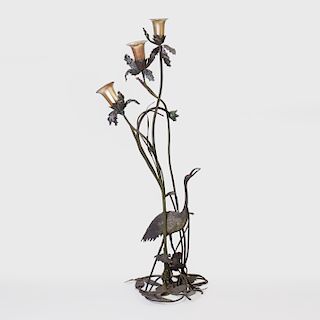Art Nouveau Iridescent Patinated-Bronze Figural Floor Lamp with Iridescent Glass Shades