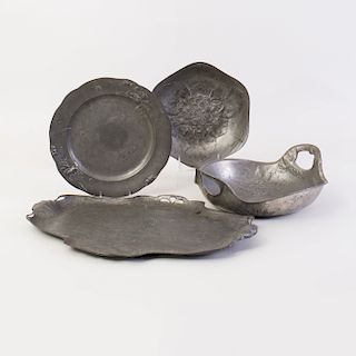 Group of Four Art Nouveau Pewter Dishes and a Lotus Form Brass Bowl
