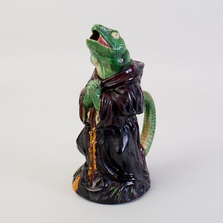 Continental Majolica Pitcher in the Form of a Praying Lizard in a Monk's Robe