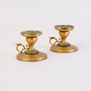 Pair of Tiffany Furnances Gilt-Bronze and Enamel Chamber Sticks