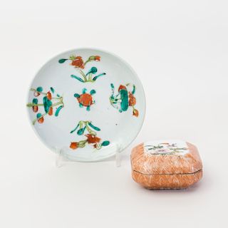 Chinese Faux Bois Porcelain Seal Box and a Small Dish