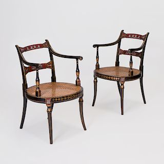 Pair of Ewardian Painted, Ebonized and Caned Armchairs