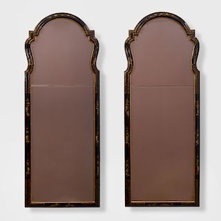 Pair of Queen Anne Style Black and Parcel-Gilt Lacquer Mirrors