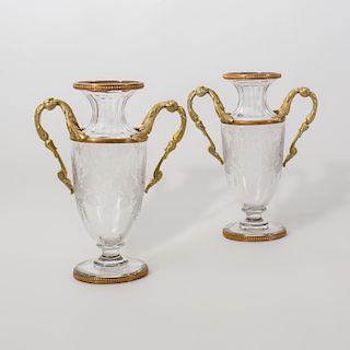 Pair of French Gilt-Metal-Mounted Etched Glass Vases