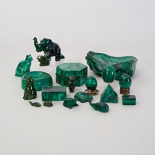 Nine Malachite Table Objects and Five Animals
