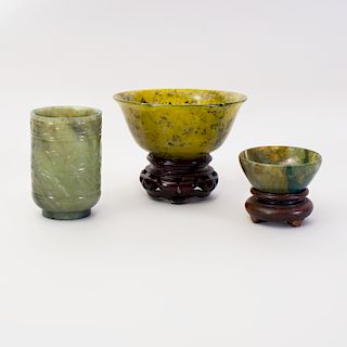 Chinese Green Jade Bowls and a Cup
