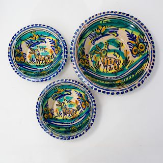 Three Continental Polychrome Painted Faience Bowls