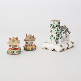 Pair of Staffordshire Cottage Form Pastille Burners and a Church Form Pastille Burner