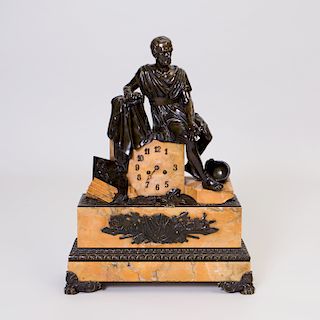 Charles X Parcel-Gilt Bronze and Marble Clock with Figure of a Roman Soldier