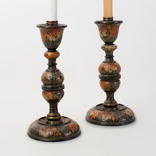 Pair of Painted Wood Candlesticks Mounted as Lamps