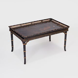 Chinese Export Black Lacquer and Parcel-Gilt Tray on Later Painted Stand