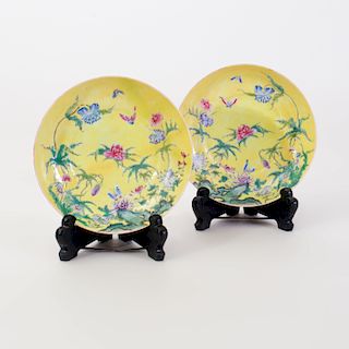 Pair of Chinese Yellow Ground Famille Rose Dishes