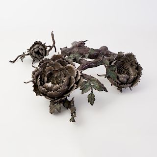 Japanese Bronze Okimono in the Form of Flowering Peony Branch