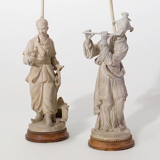 Pair of Louis XV Style Painted Terracotta Chinoiserie Figures Mounted as Lamps