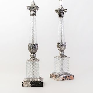 Pair of Neoclassical Style Silvered-Metal-Mounted Cut Glass Lamps on Marble Bases
